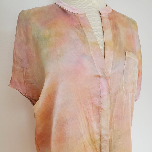 NEW Vince Silk button shortsleeve shirt beige blue pink green ivory painted M L - Picture 4 of 9